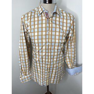 Enzone Mens Button Down Shirt Sz M Cotton Blue Orange Colorful Plaid Long Sleeve